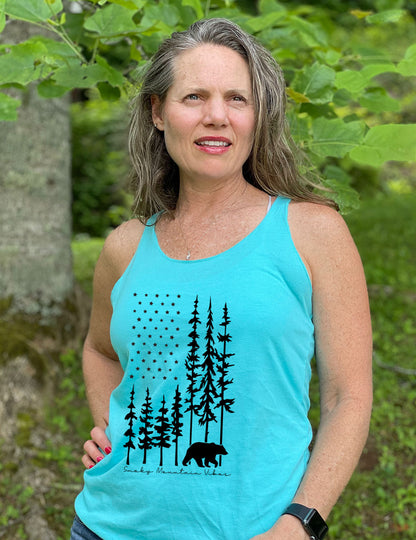 American Flag Shaped Forest with Black Bear Racerback Tank