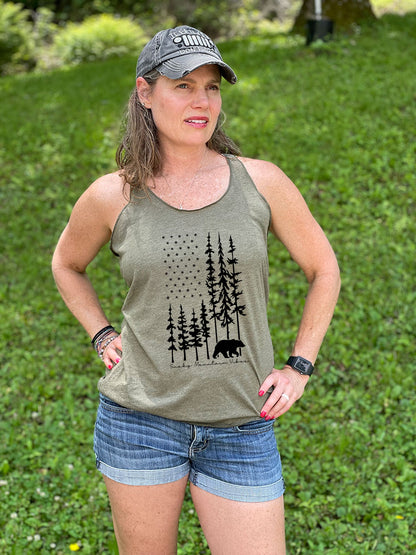 American Flag Shaped Forest with Black Bear Racerback Tank