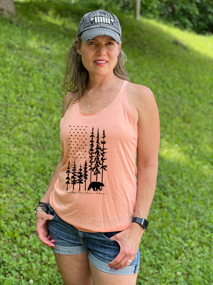 American Flag Shaped Forest with Black Bear Racerback Tank